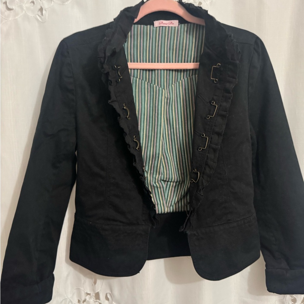 Black Ruffled/Lace Trimmed Twill Blazer, Amazing Metal Hook Closures on Front